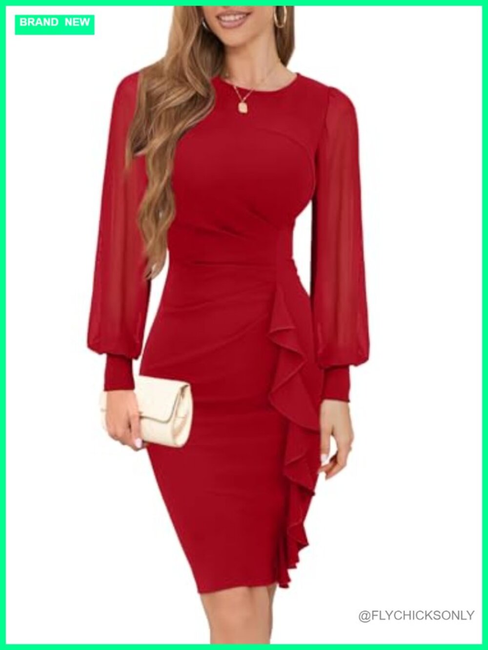 Women's Long Sheer Sleeve Ruched Bodycon Midi Dress